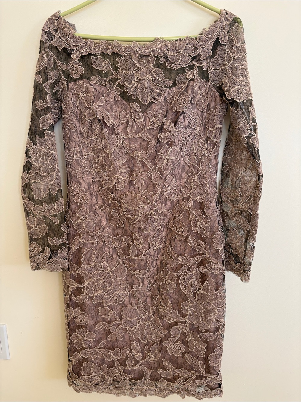 Tadashi Shoji Mauve Lace Off-Shoulder Long Sleeve Sheath Dress
